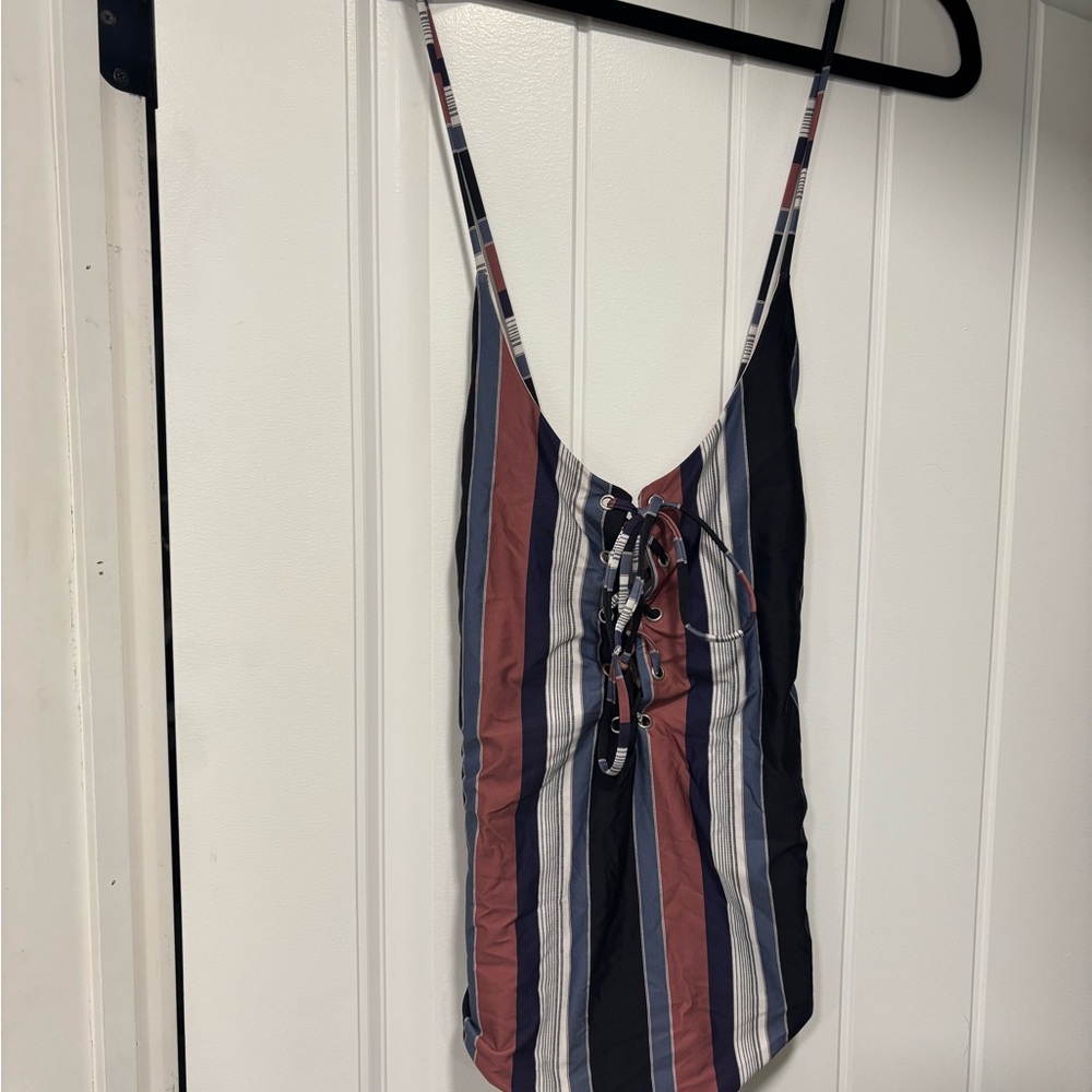 Striped Lace-Up One Piece Swimsuit - Size Large